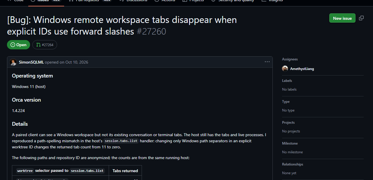 The bug report, with the 11-vs-0 reproduction table
